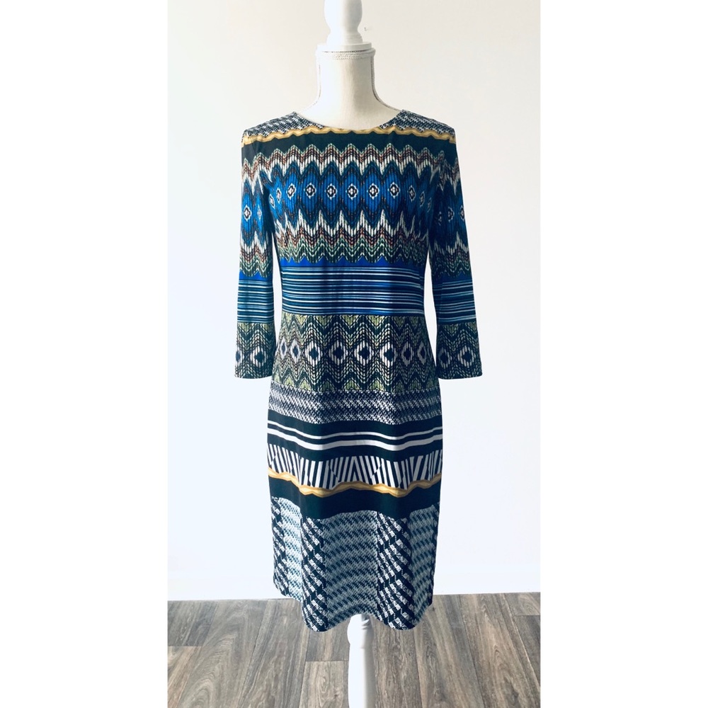 Muse ikat print blue black jersey dress size 6